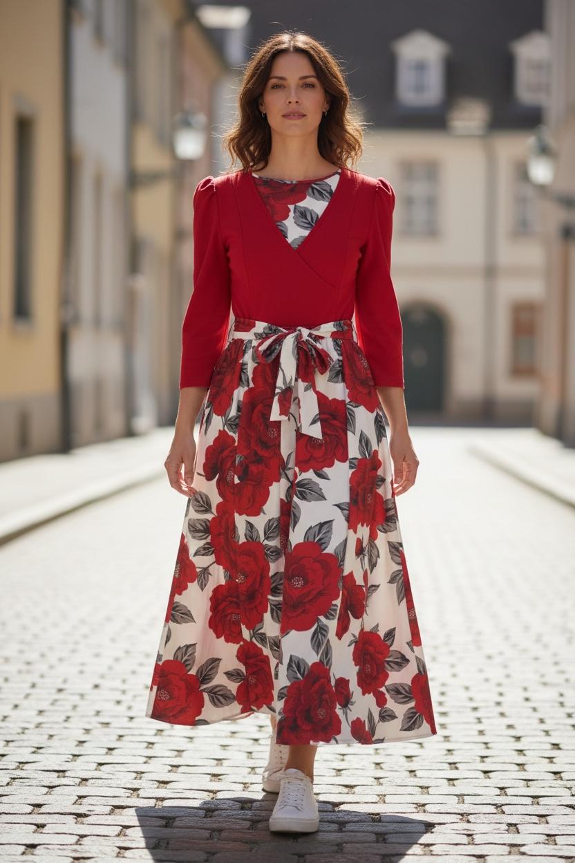 Vestido largo ruedo completo rojo floreado