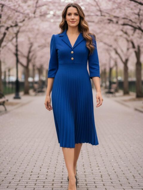 Vestido plisado a media pantorrilla Azul rey