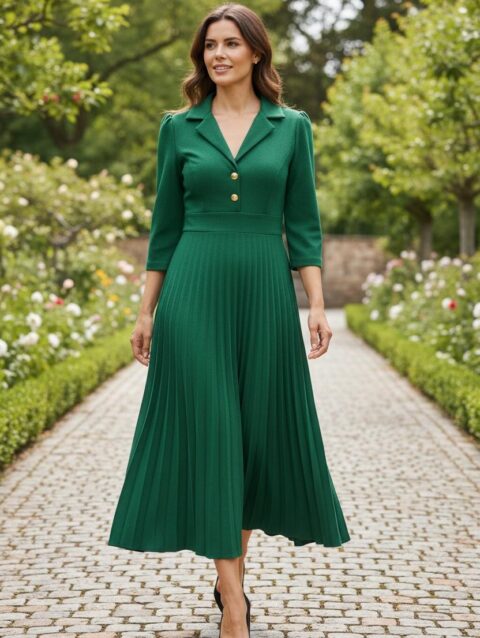 Vestido plisado a media pantorrilla color esmeralda