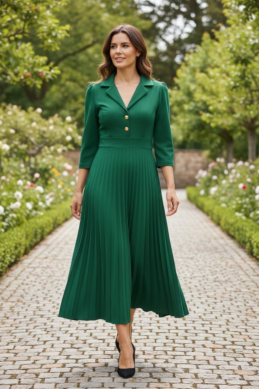Vestido plisado a media pantorrilla color esmeralda