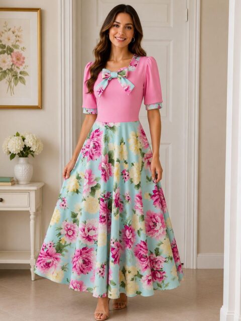 Vestido largo ruedo completo top rosa