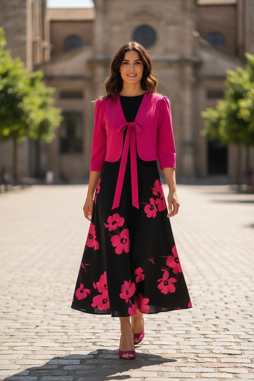 Vestido negro y fushia con flores medio ruedo largo