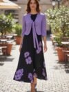 Vestido negro y lila con flores medio ruedo largo