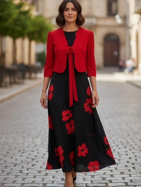 Vestido negro y rojo con flores medio ruedo largo