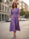 Vestido plisado morado medio ruedo a media pantorrilla
