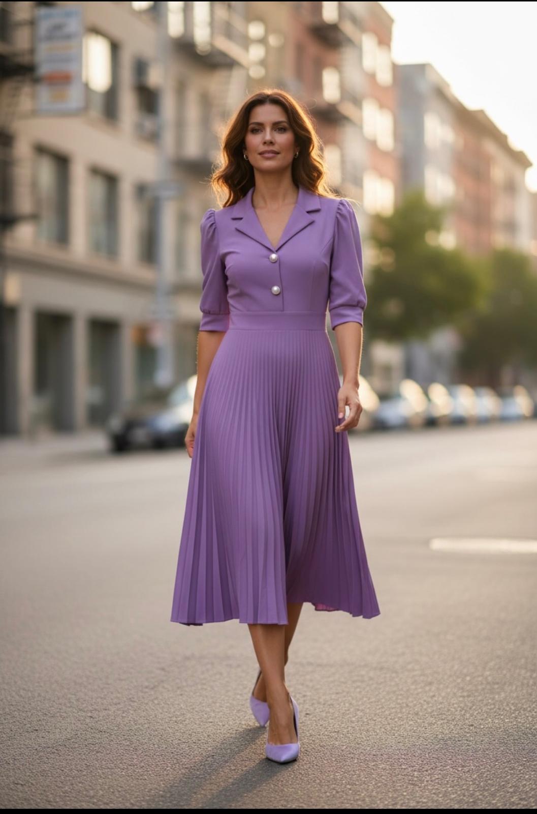 Vestido plisado morado medio ruedo a media pantorrilla