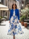 Vestido cristiano floreado azul rey