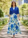 Vestido floreado azul rey medio ruedo largo