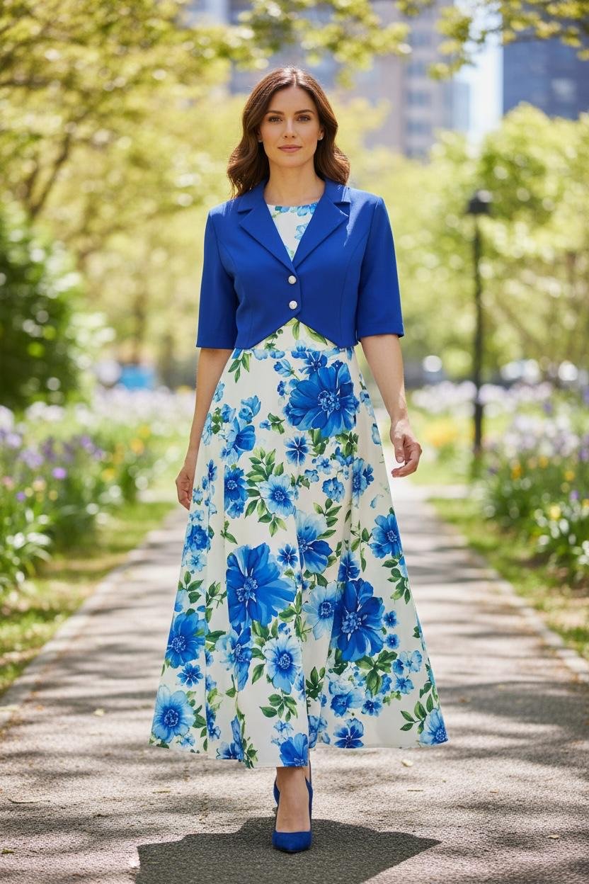 Vestido floreado azul rey medio ruedo largo