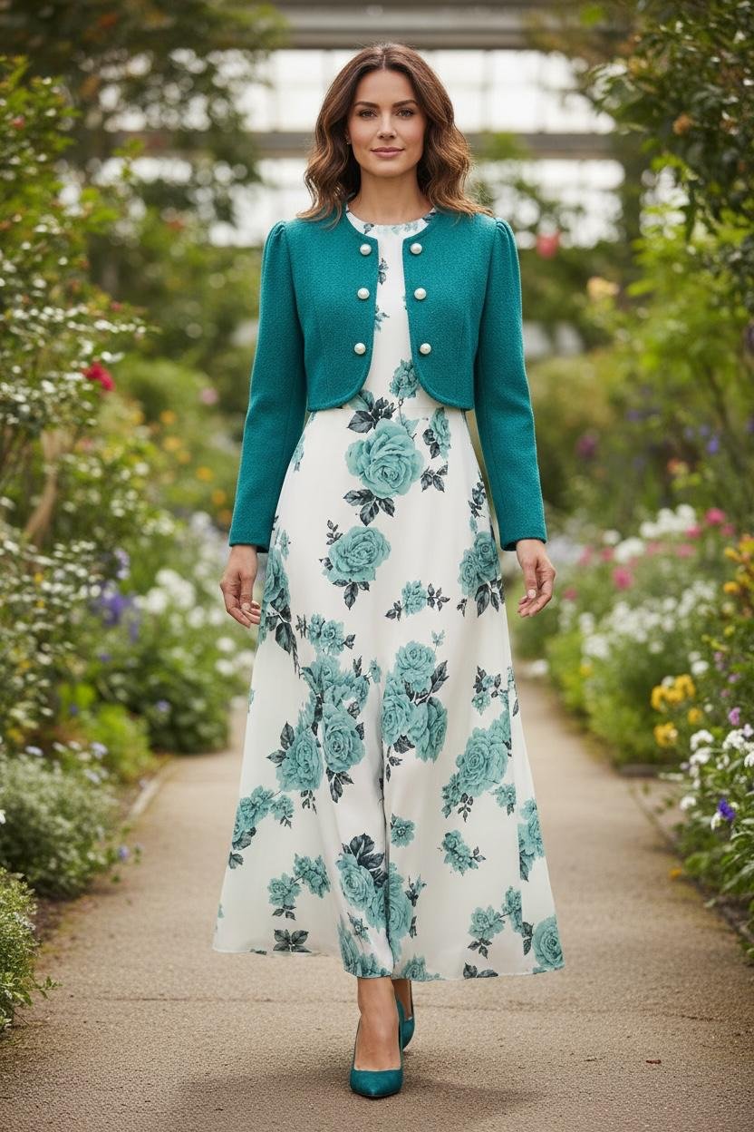 Vestido modesto floreado teal