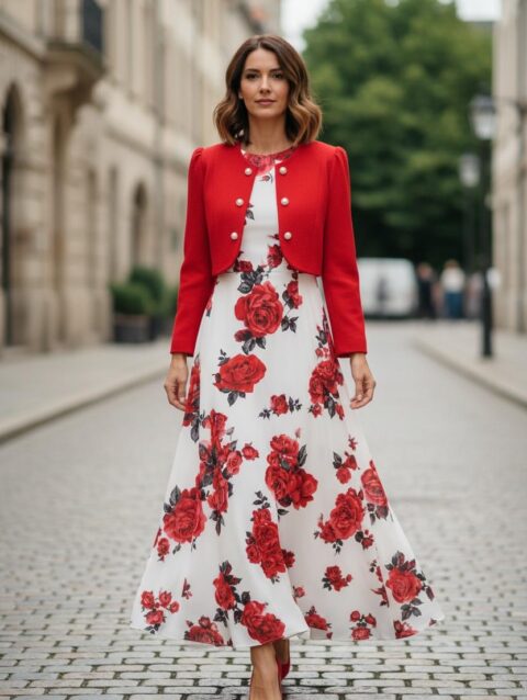 Vestido cristiano floreado rojo